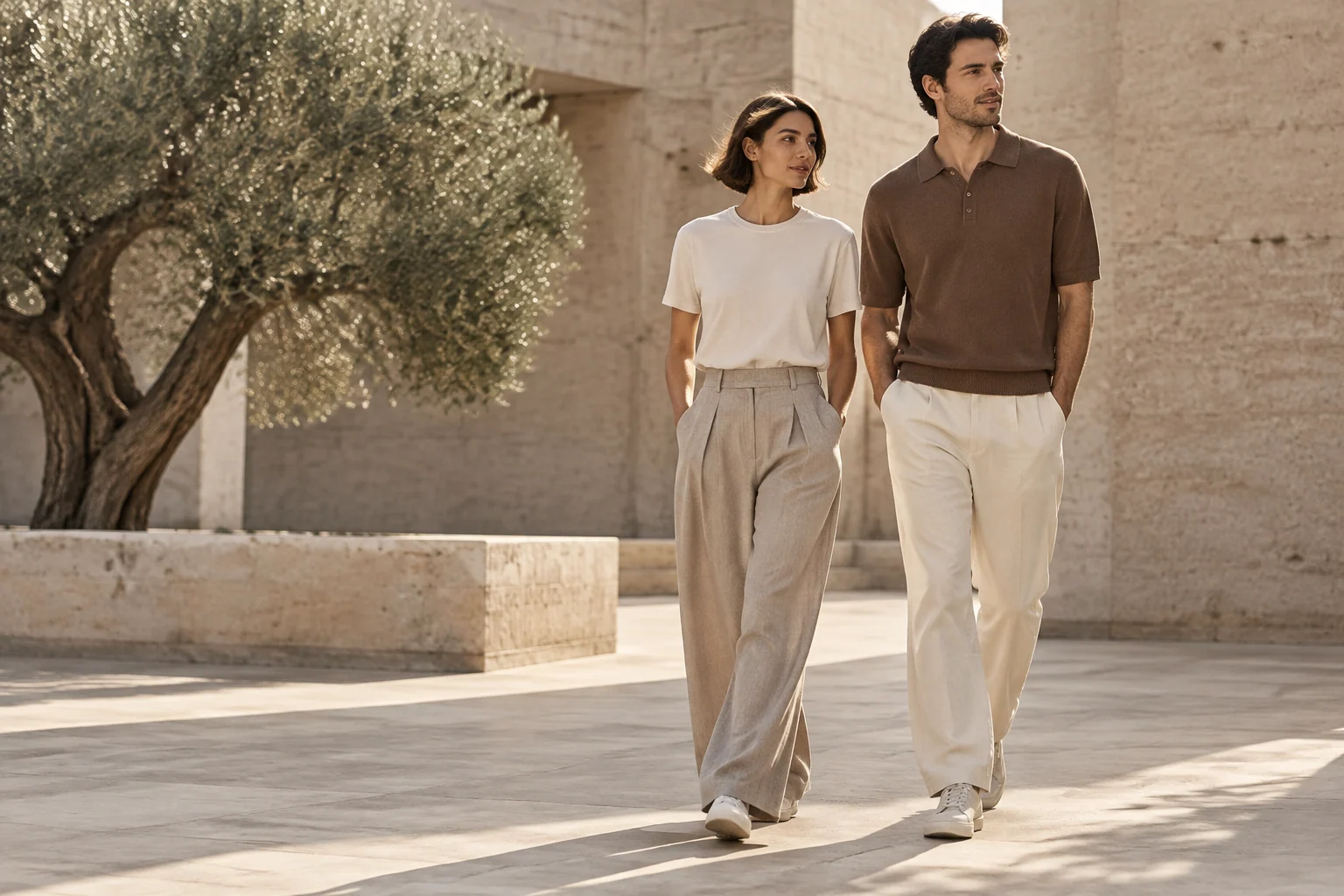Two adults in relaxed neutral clothing in a sunlit architectural courtyard
