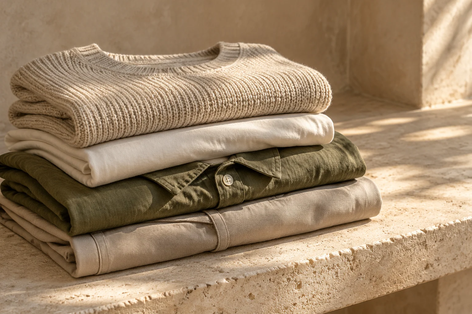 Close-up of neutral cotton and knit layers in warm sunlight